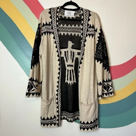 ANTHROPOLOGIE Sloane Rouge Open Front Tie Aztec Print Thunderbird Cardigan Set - Picture 4 of 12